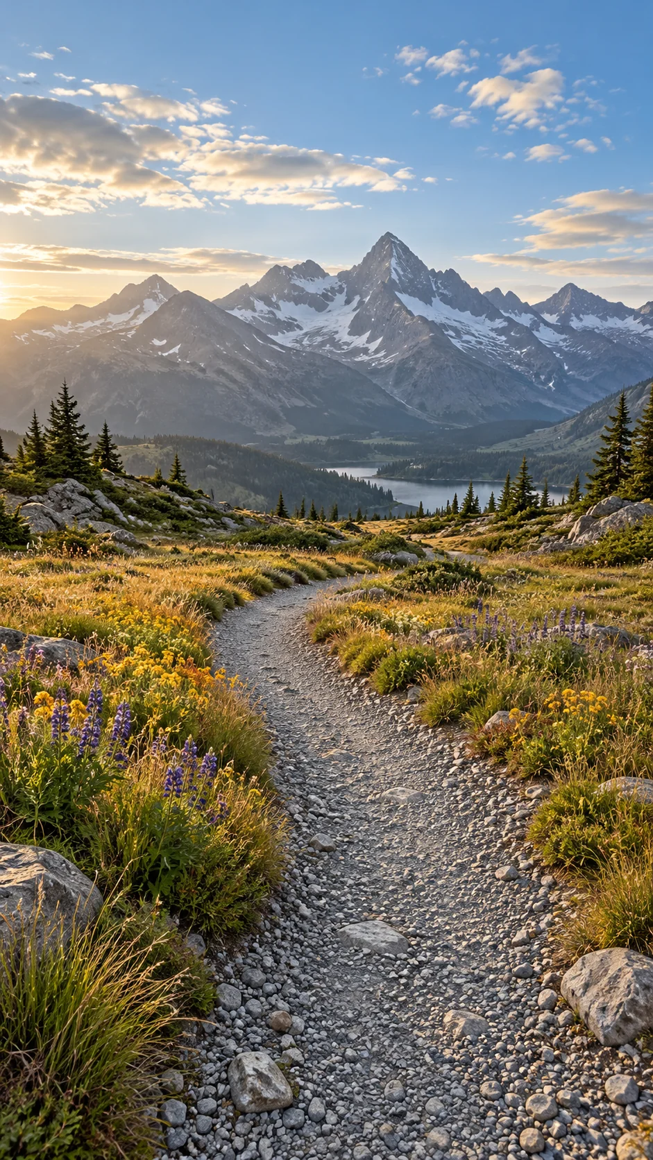 Generated demonstration landscape: an empty alpine path in morning light