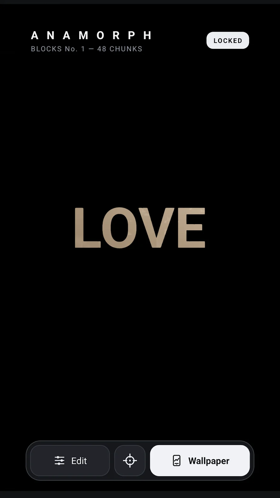 Official ANAMORPH screenshot showing LOVE aligned in Blocks form, with editor and wallpaper controls.