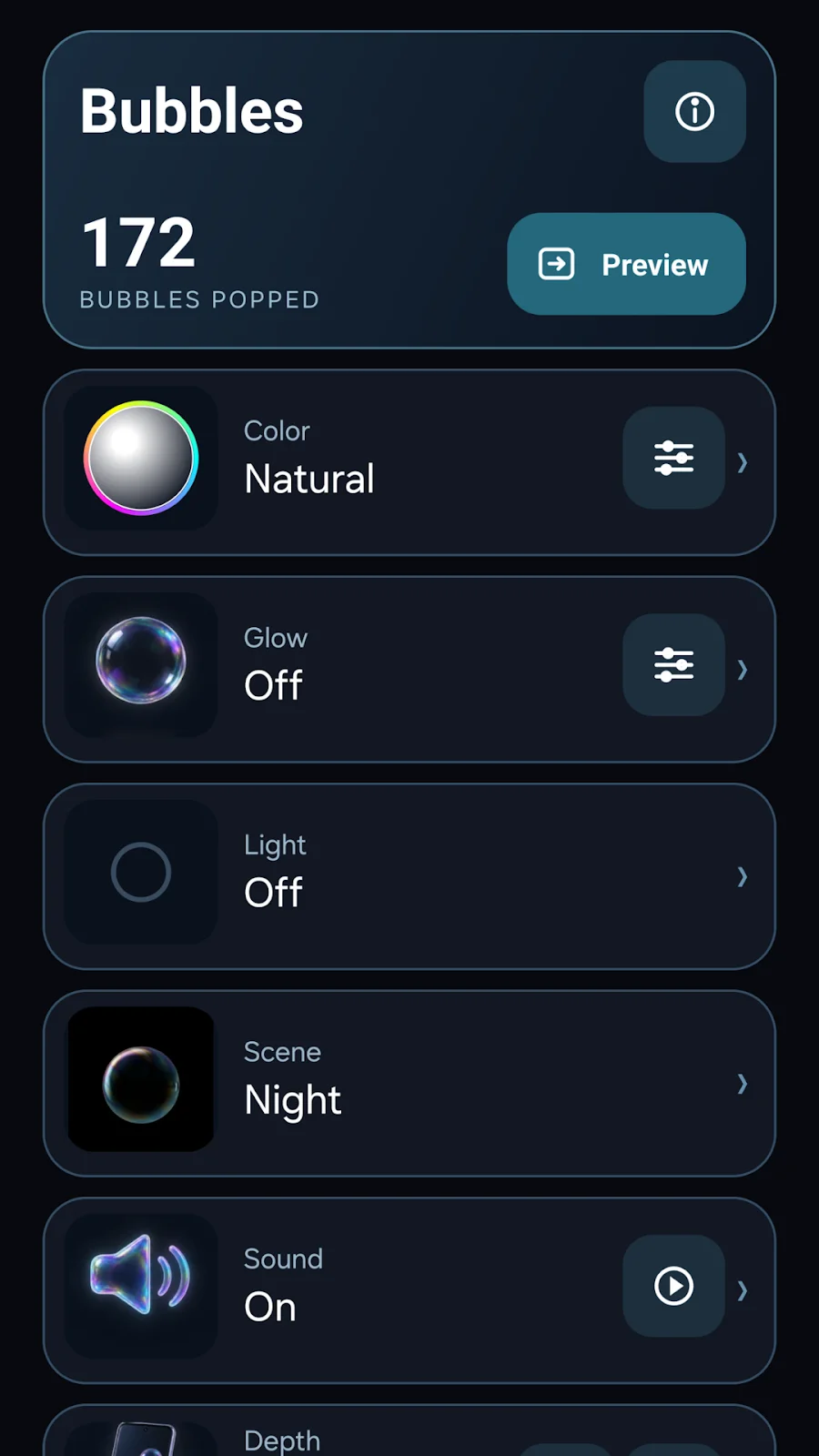 Official Bubbles app screenshot with Preview, Color, Glow, Light, Scene and Sound controls.