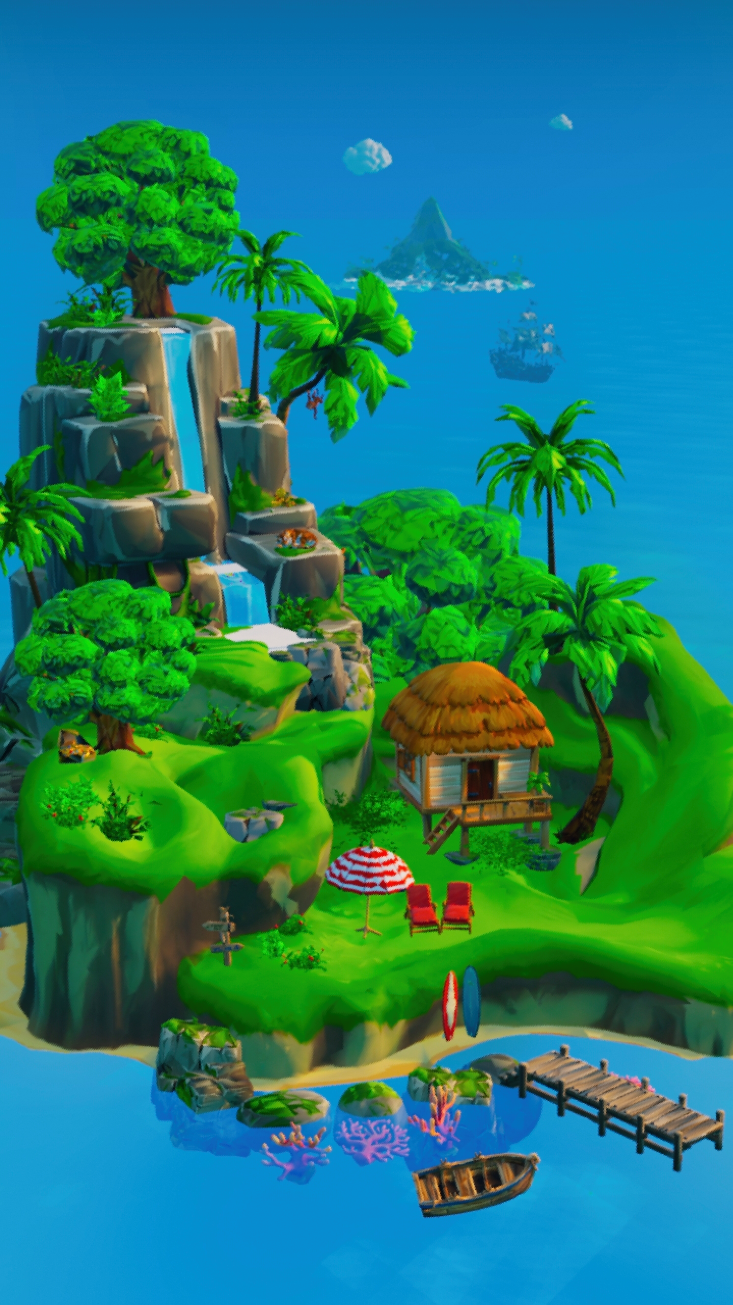 Colorful tropical island with waterfalls, palm trees, a beach house, and a wooden dock